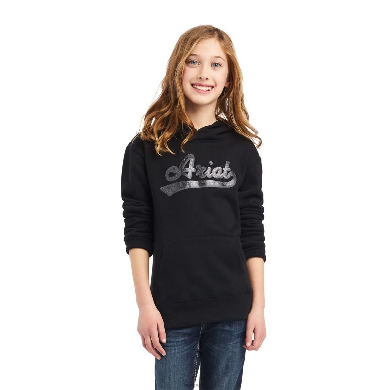 RJ66P4116 sweat à capuche avec logo à vraies paillettes Ariat vêtements noir enfants