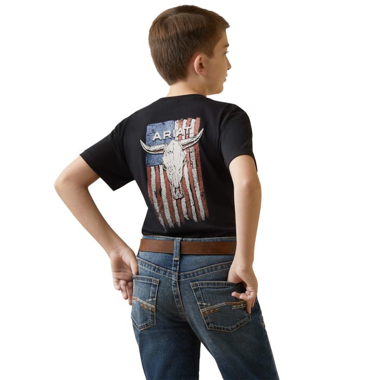 RJ66P3992 t-shirt drapeau crâne de boeuf Ariat vêtements noir enfants