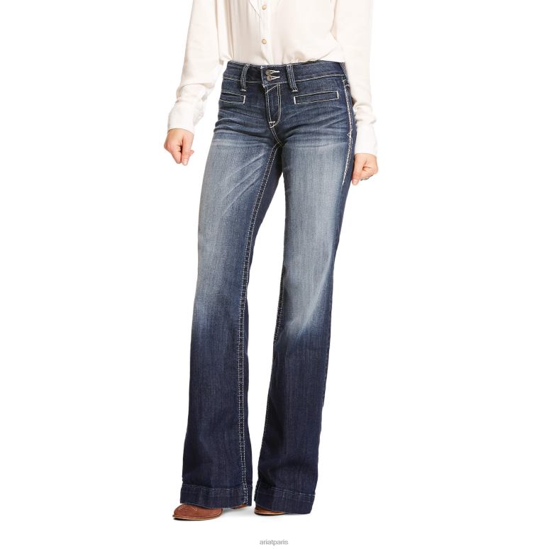 RJ66P2524 pantalon jean jambe large entrelacé stretch taille mi-haute Ariat bas Marin femmes