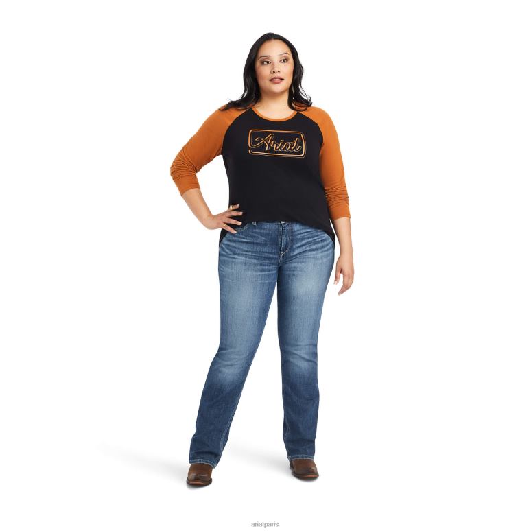 RJ66P2902 vraie chemise de baseball Ariat hauts noix de pécan noires/rôties femmes