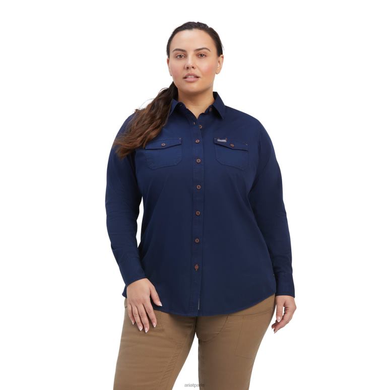 RJ66P3088 chemise de travail en sergé lavé avec barres d'armature Ariat hauts marine femmes