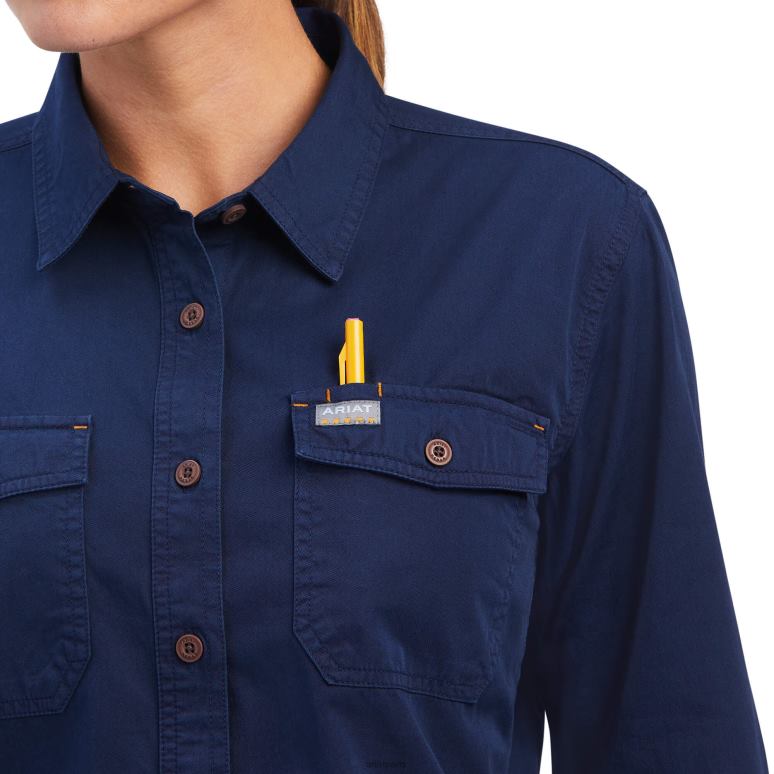 RJ66P3088 chemise de travail en sergé lavé avec barres d'armature Ariat hauts marine femmes
