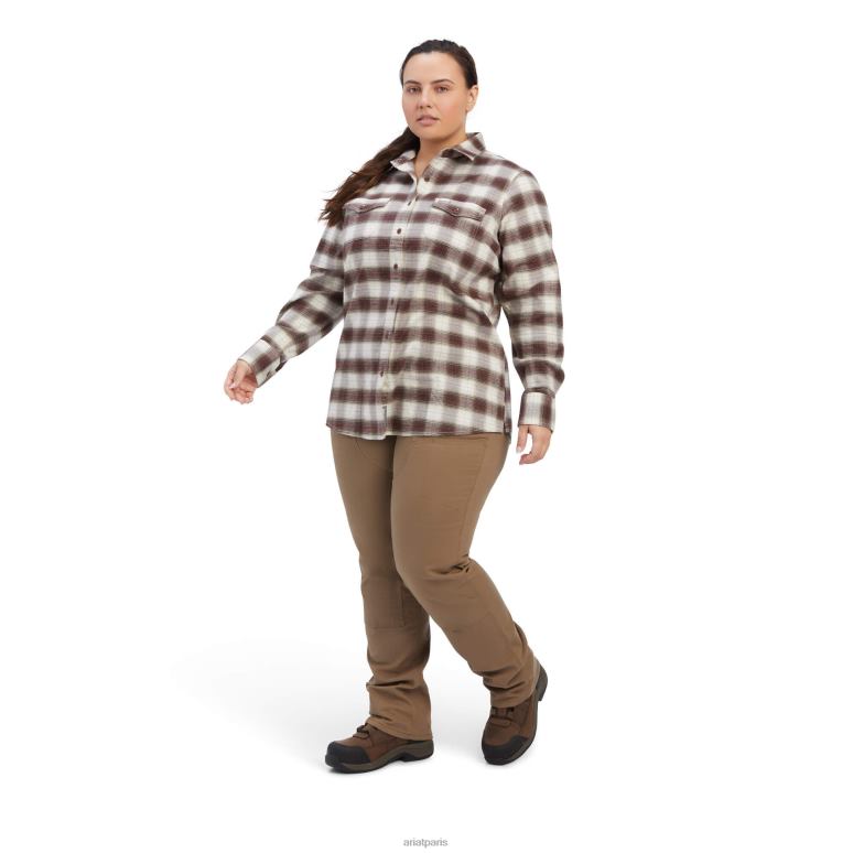 RJ66P3142 chemise de travail Durastretch en flanelle d'armature Ariat hauts troglodyte/ivoire femmes