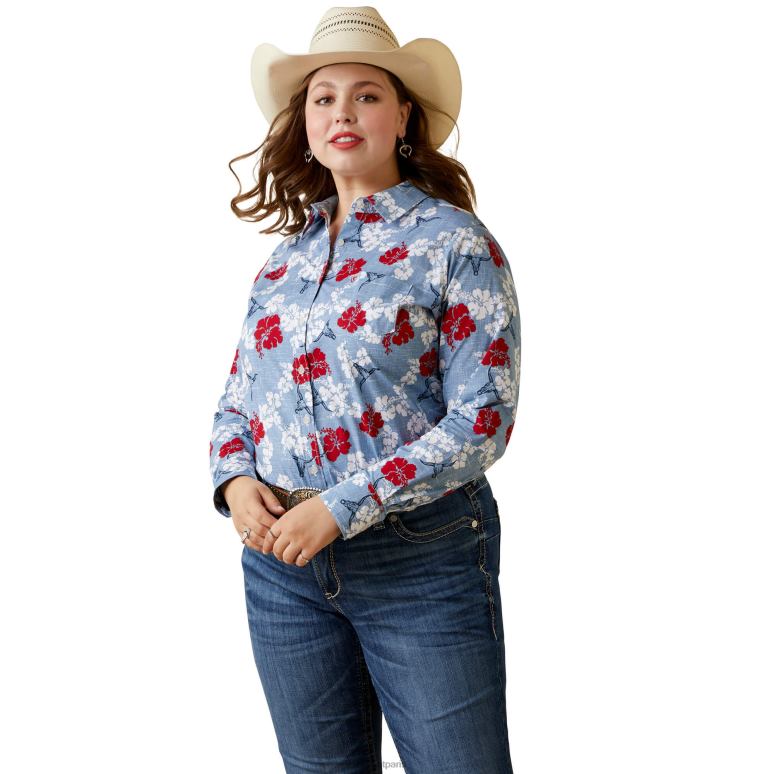 RJ66P3183 chemise extensible kirby résistante aux rides Ariat hauts pareau rouge blanc et bleu femmes