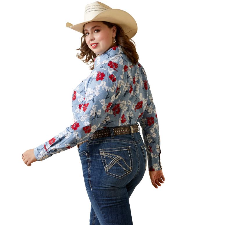 RJ66P3183 chemise extensible kirby résistante aux rides Ariat hauts pareau rouge blanc et bleu femmes