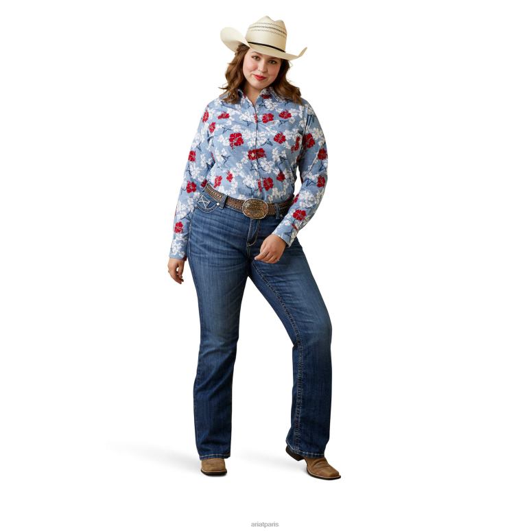 RJ66P3183 chemise extensible kirby résistante aux rides Ariat hauts pareau rouge blanc et bleu femmes