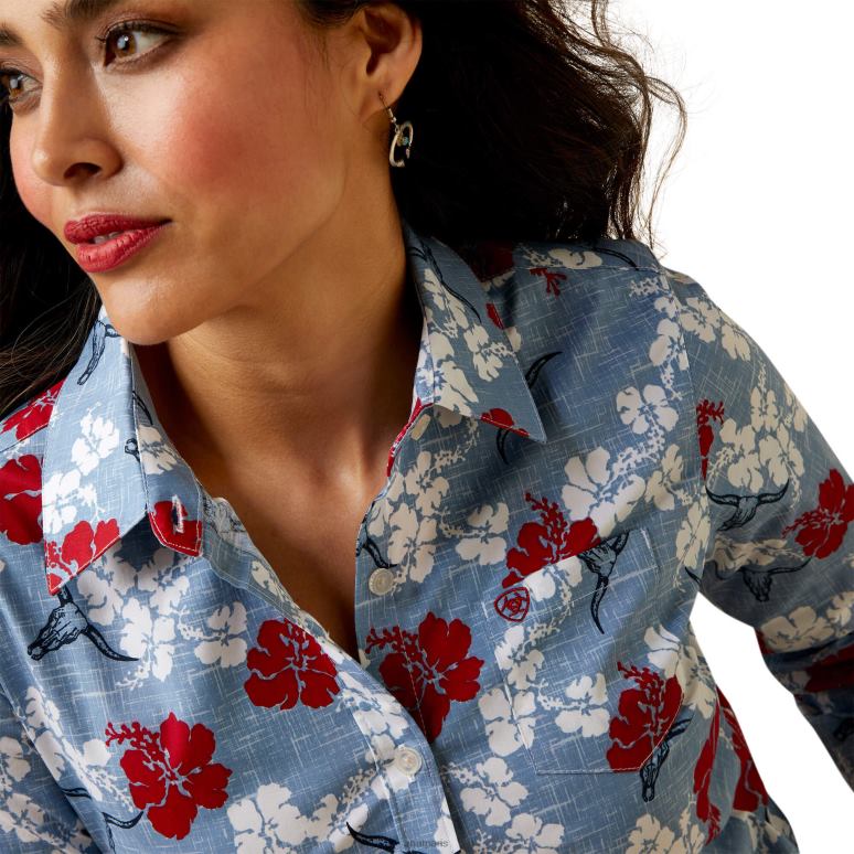 RJ66P3183 chemise extensible kirby résistante aux rides Ariat hauts pareau rouge blanc et bleu femmes