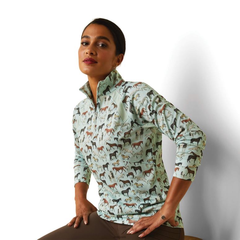 RJ66P2793 couche de base sunstopper 2.0 1/4 zip Ariat hauts impression de troupeau en mousse aqua femmes