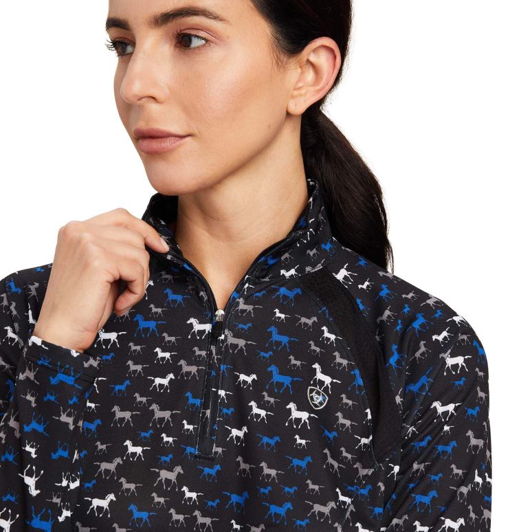 RJ66P3041 couche de base sunstopper 2.0 1/4 zip Ariat hauts imprimé poney occupé noir femmes