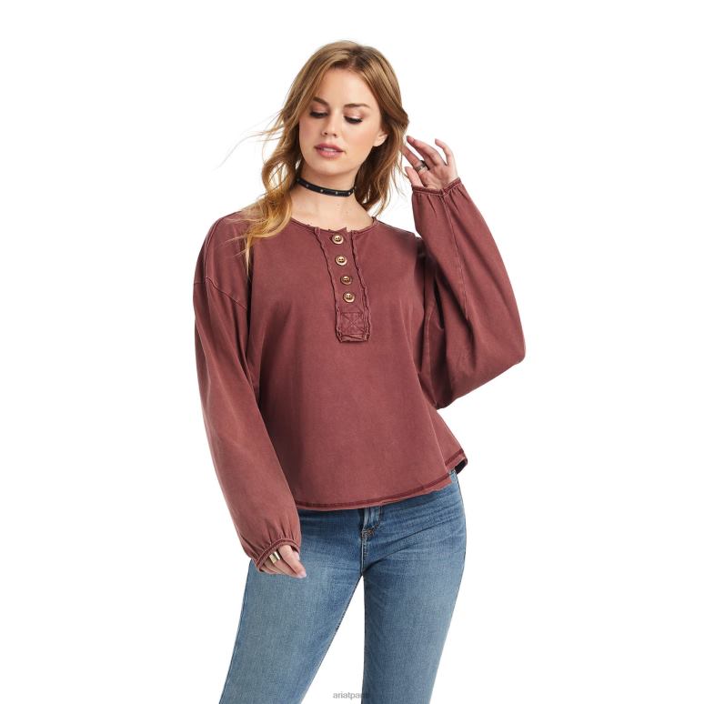 RJ66P2956 haut pinon henley Ariat hauts bannière marron femmes