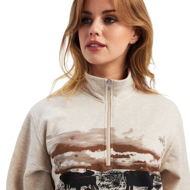 RJ66P3337 véritable sweat-shirt 1/2 zip pittoresque Ariat hauts bruyère de blé femmes