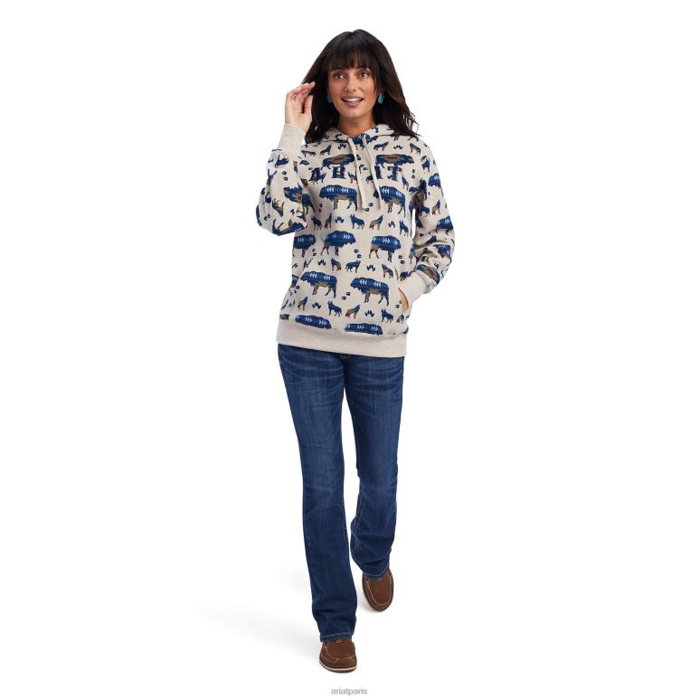 RJ66P3398 véritable sweat à capuche imprimé Ariat hauts impression de bordure de buffle femmes