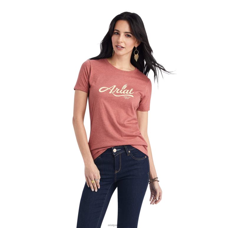 RJ66P2847 tee-shirt à script de blé Ariat hauts bruyère argile rouge femmes