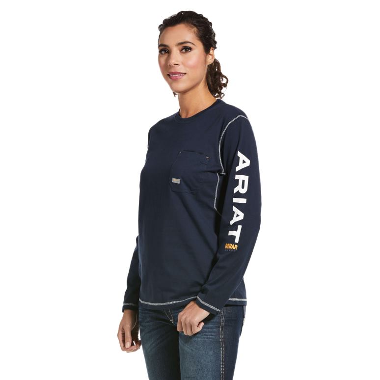 RJ66P2861 t-shirt avec logo d'ouvrier de barres d'armature Ariat hauts marine femmes