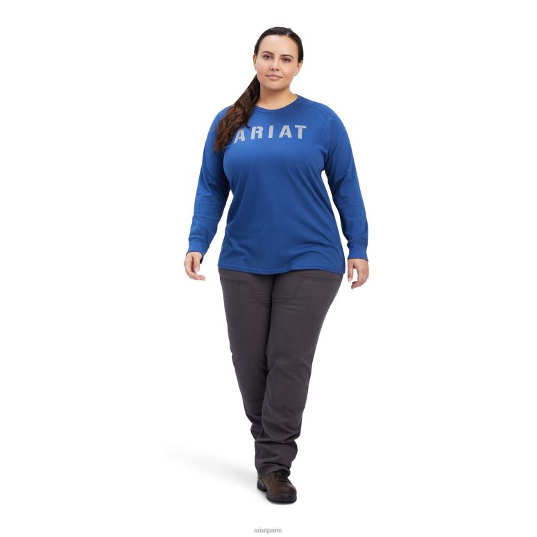 RJ66P3143 t-shirt bloc cottonstrong avec barres d'armature Ariat hauts véritable marine/alliage femmes