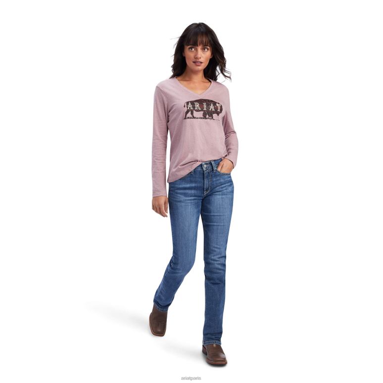 RJ66P3190 t-shirt décontracté avec logo sur la poitrine Ariat hauts rose nostalgie femmes