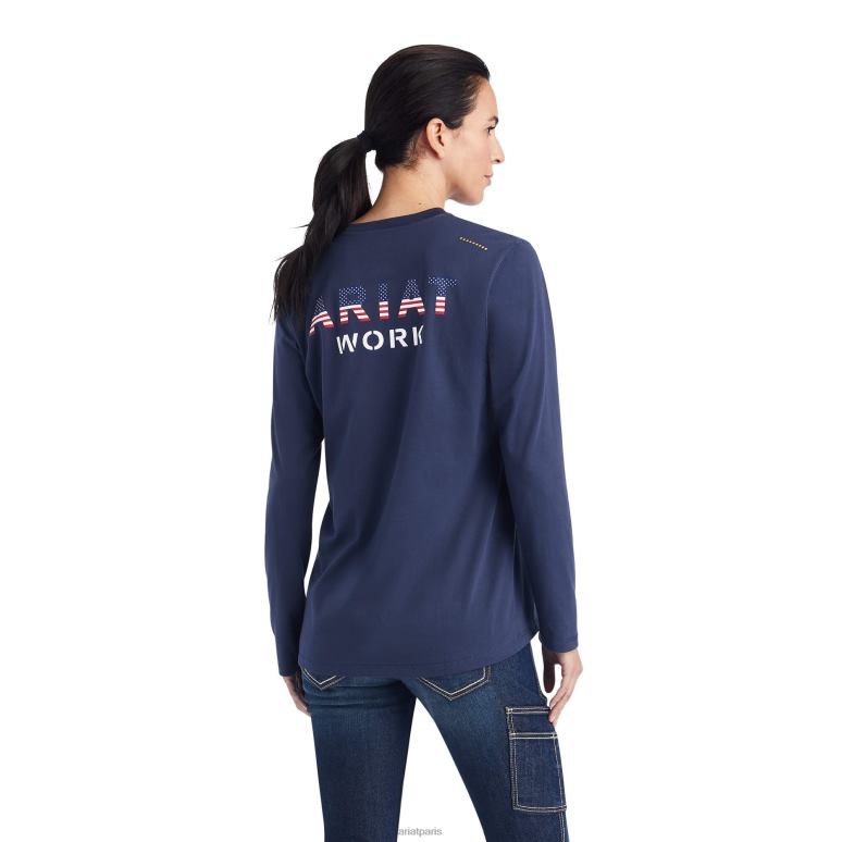 RJ66P3258 t-shirt avec logo usa d'ouvrier de barres d'armature Ariat hauts humeur indigo femmes