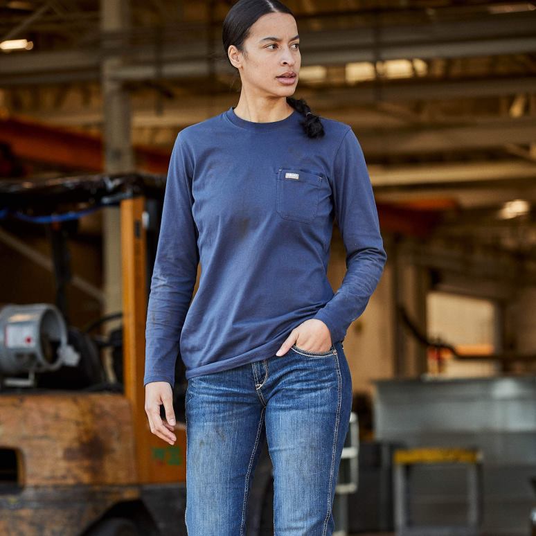 RJ66P3258 t-shirt avec logo usa d'ouvrier de barres d'armature Ariat hauts humeur indigo femmes