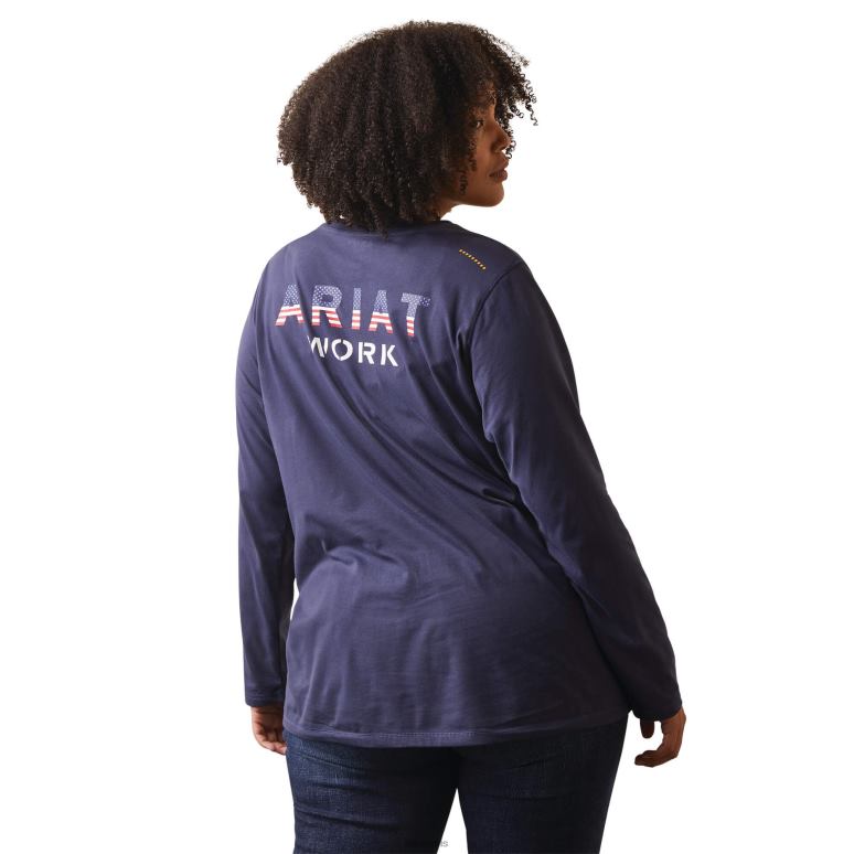 RJ66P3258 t-shirt avec logo usa d'ouvrier de barres d'armature Ariat hauts humeur indigo femmes