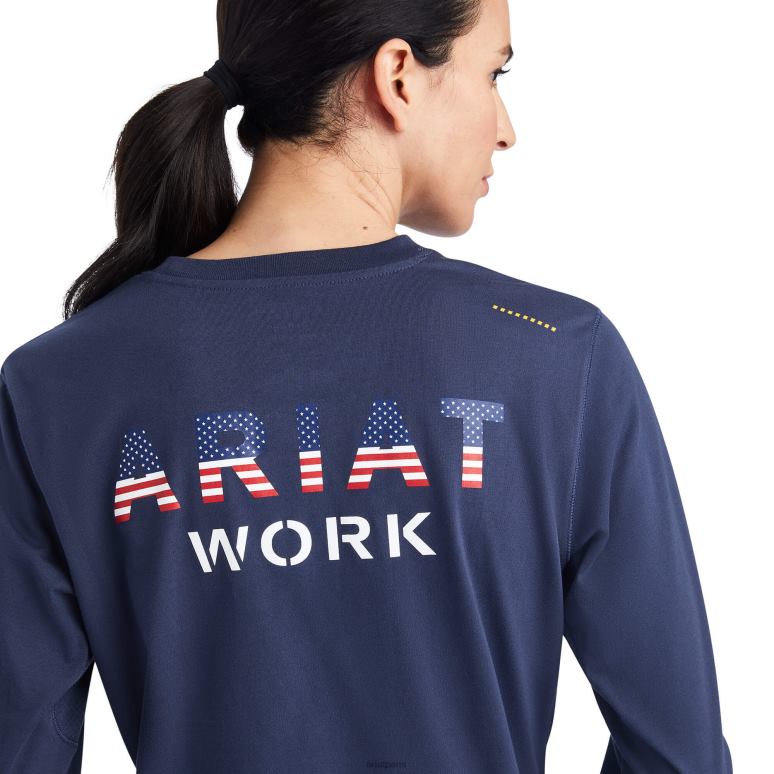 RJ66P3258 t-shirt avec logo usa d'ouvrier de barres d'armature Ariat hauts humeur indigo femmes