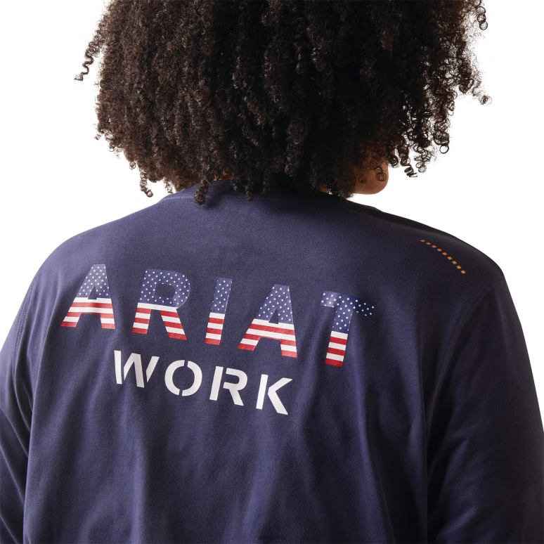 RJ66P3258 t-shirt avec logo usa d'ouvrier de barres d'armature Ariat hauts humeur indigo femmes