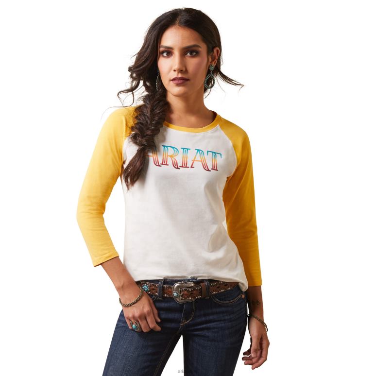 RJ66P3271 t-shirt à rayures serape Ariat hauts lait de coco/jaune jaune femmes