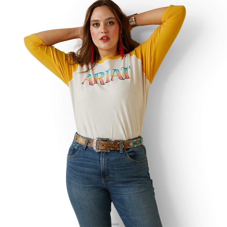 RJ66P3271 t-shirt à rayures serape Ariat hauts lait de coco/jaune jaune femmes