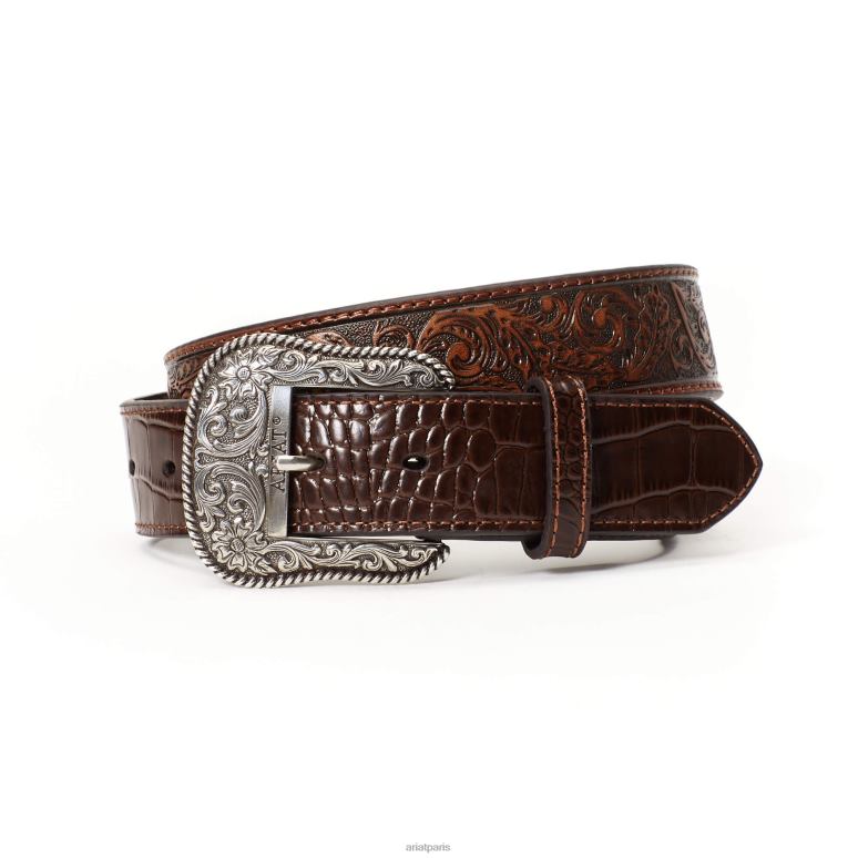 RJ66P1855 ceinture à bout de pot en relief de feuille Ariat accessoires brun Hommes