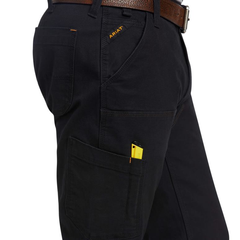 RJ66P1743 Rebar M7 Slim Durastretch fait un pantalon droit double devant résistant Ariat bas noir Hommes