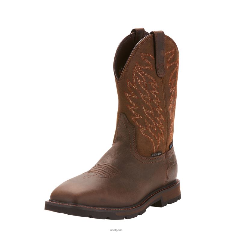 RJ66P253 Botte de travail imperméable à bout carré large et à bout carré Groundbreaker Ariat chaussure marron foncé Hommes