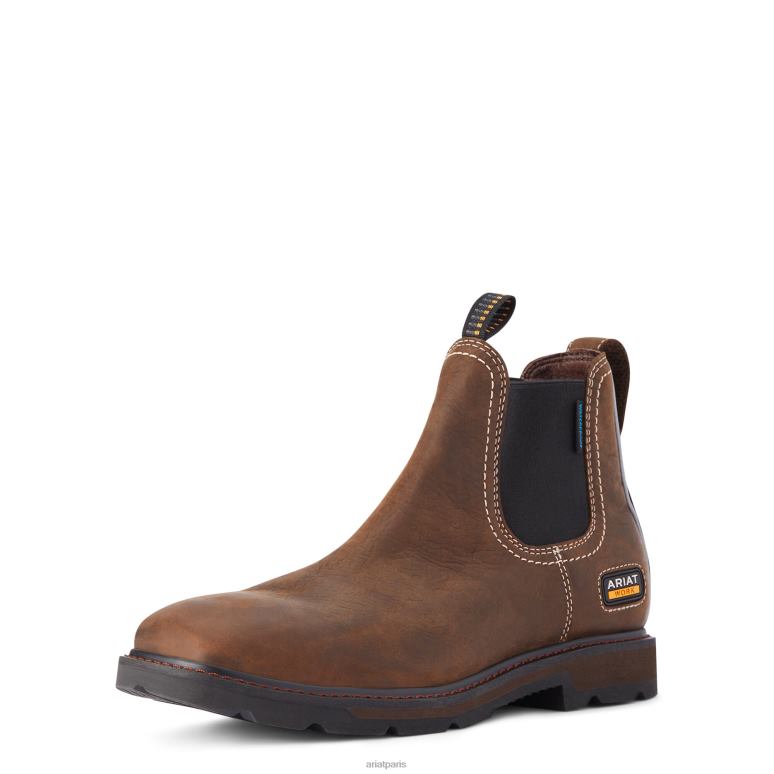 RJ66P267 Botte de travail imperméable à bout carré et large Chelsea Groundbreaker Ariat chaussure marron foncé Hommes