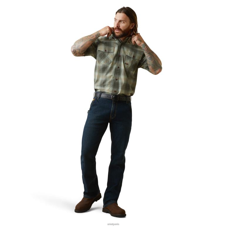RJ66P1011 chemise de travail Durastretch résistante aux barres d'armature Ariat hauts plaid vert limon Hommes