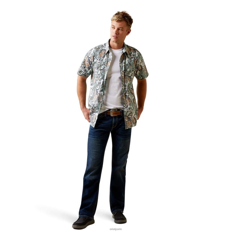 RJ66P1376 chemise coupe rétro à capuche Ariat hauts asperges blanches Hommes