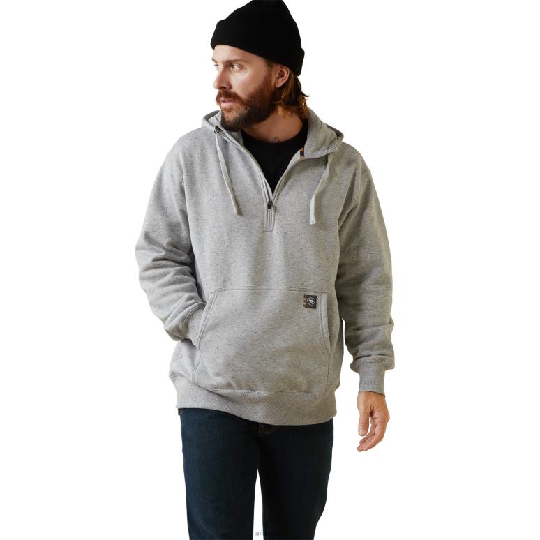 RJ66P1401 sweat à capuche zippé 1/4 ouvrier de barres d'armature Ariat hauts teinture spatiale gris chiné Hommes