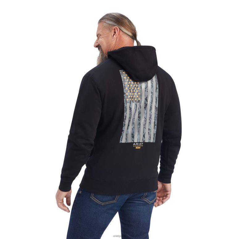RJ66P1480 sweat à capuche zippé avec drapeau réfléchissant pour ouvrier de barres d'armature Ariat hauts noir Hommes