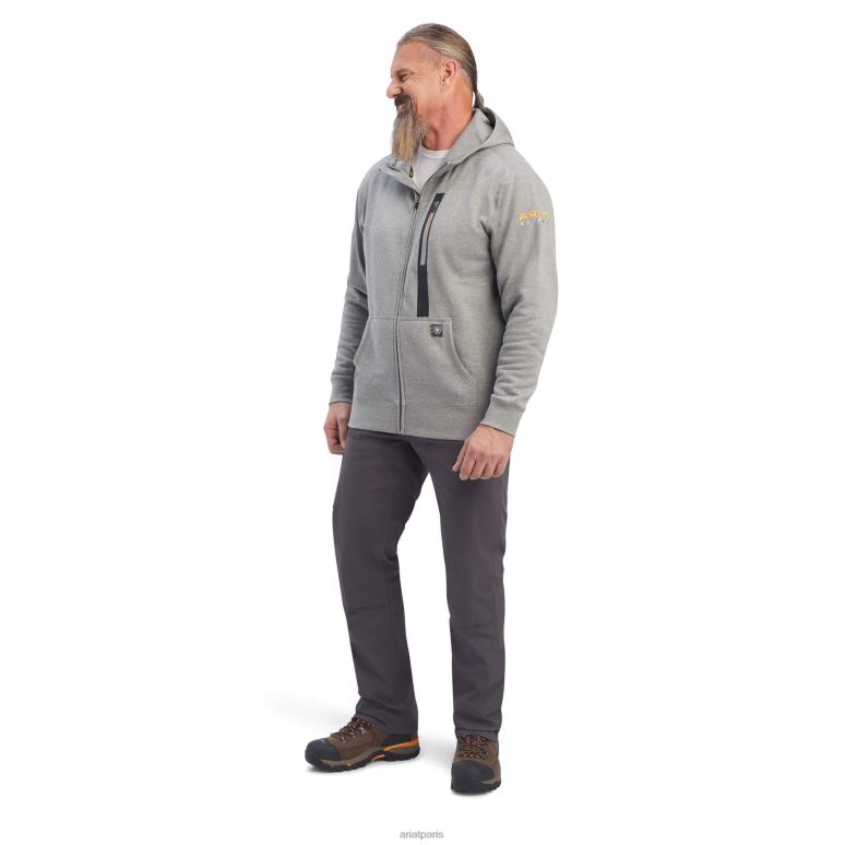 RJ66P1494 sweat à capuche entièrement zippé pour ouvrier en barres d'armature Ariat hauts gris chiné Hommes