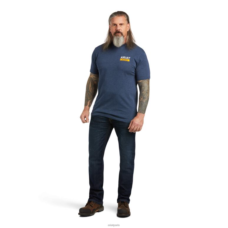 RJ66P661 t-shirt graphique à col rond en coton rebar Ariat hauts marine chiné/citron vert Hommes