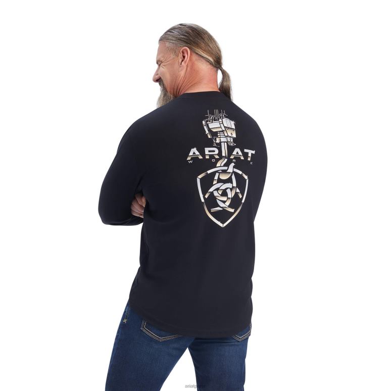 RJ66P689 t-shirt de levage lourd de barres d'armature Ariat hauts noir Hommes