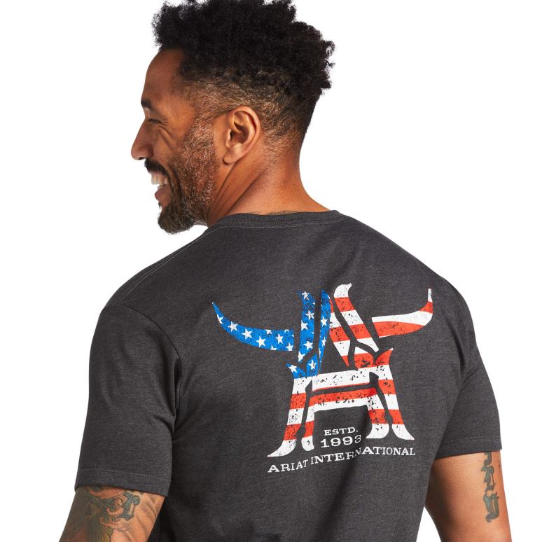 RJ66P762 t-shirt longhorn Ariat hauts bruyère au charbon de bois Hommes