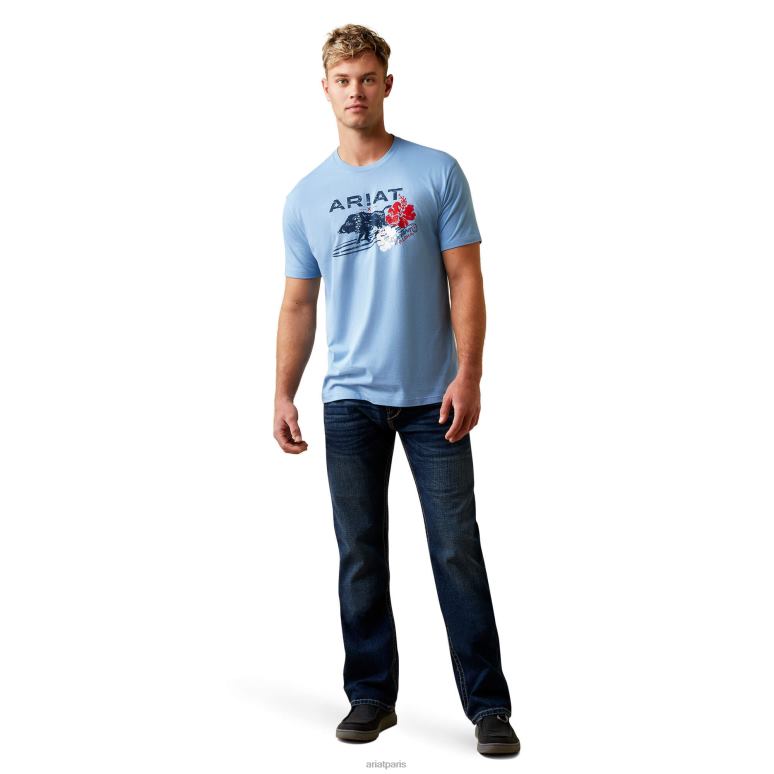 RJ66P915 t-shirt western aloha de planche de surf Ariat hauts chiné bleu clair Hommes