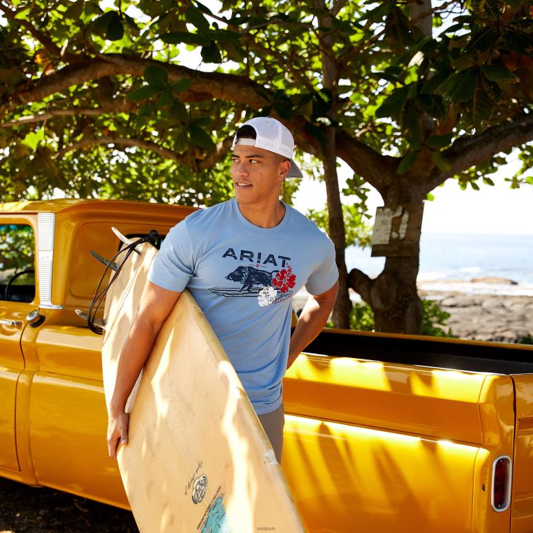 RJ66P915 t-shirt western aloha de planche de surf Ariat hauts chiné bleu clair Hommes