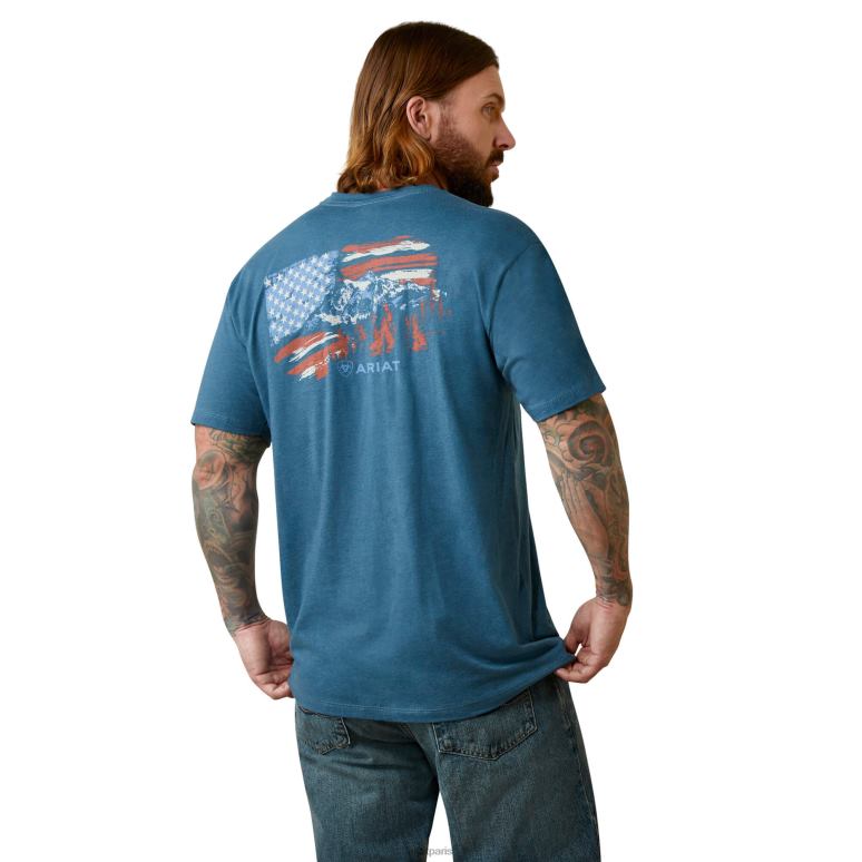 RJ66P925 t-shirt drapeau de montagne Ariat hauts bleu acier chiné Hommes